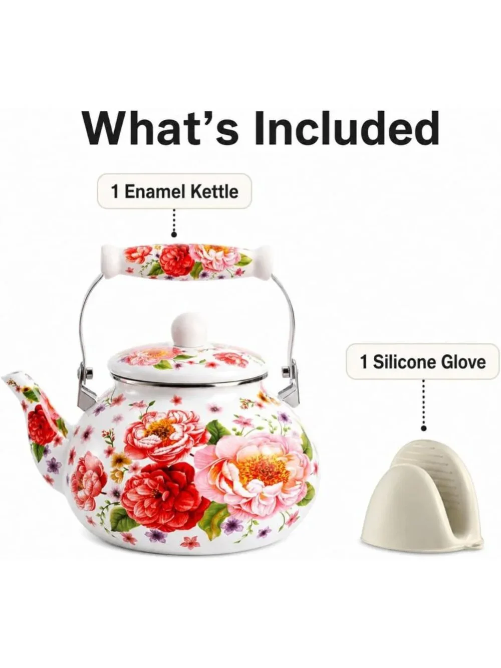 Vintage Floral Enamel Tea Kettle 2.6 Qt - Non-Whistling, Multi-Use & Hand Wash